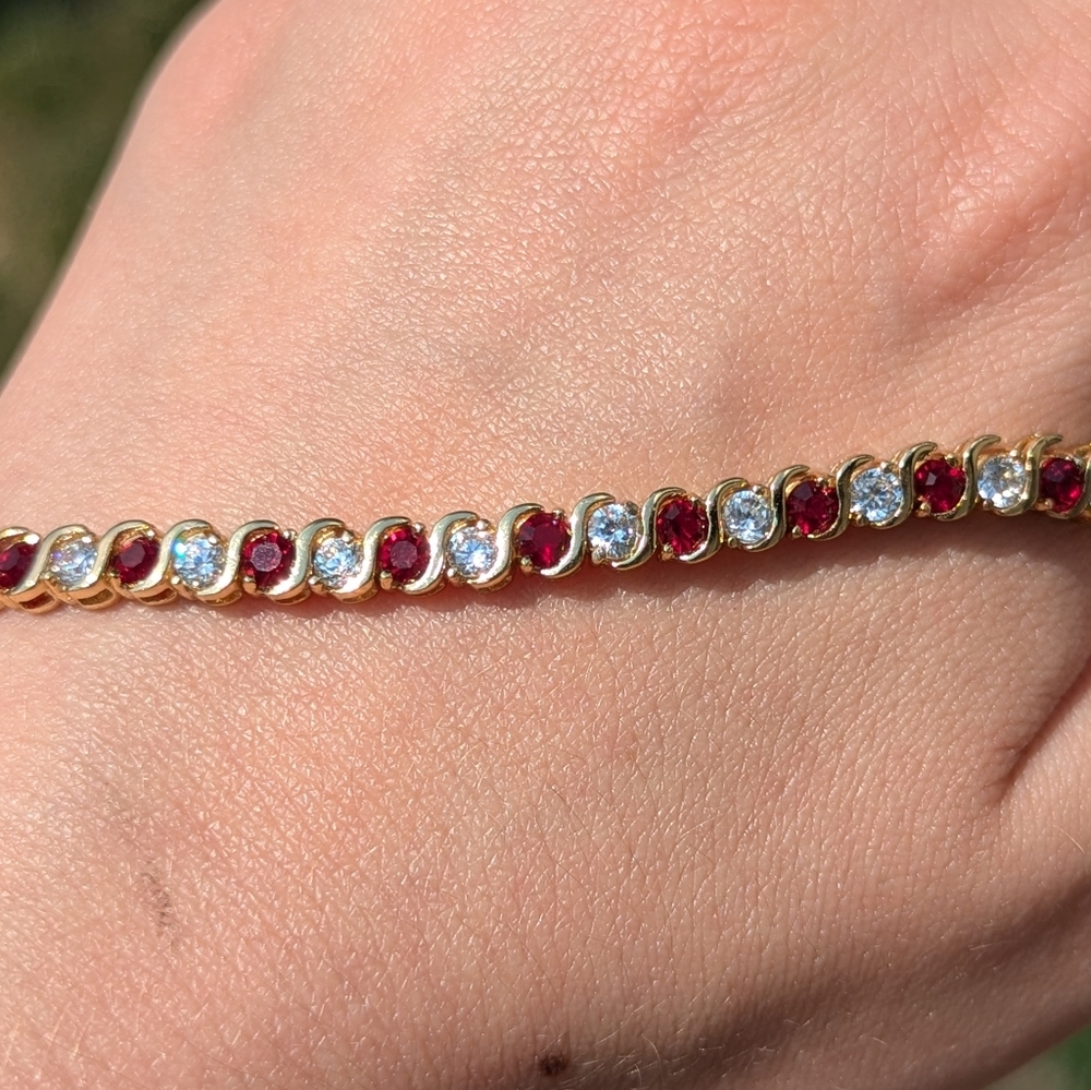 Sterling Silver 925 Gold Tennis Bracelt With Clear And Red Gemstones - Picture 3 of 5